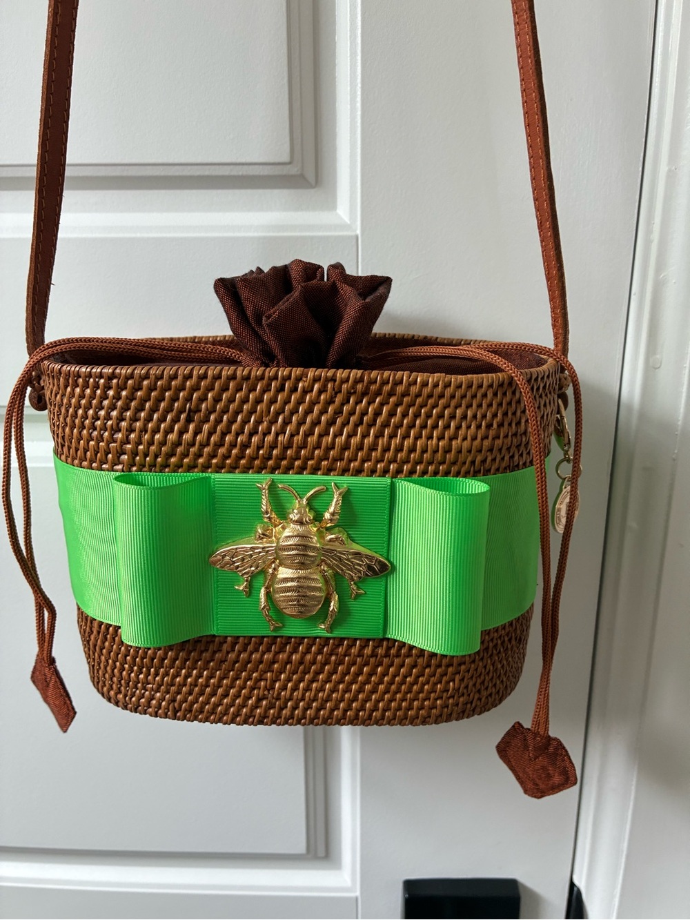 Woven Brown Crossbody Bag with Green Bow and Gold Bee Accent